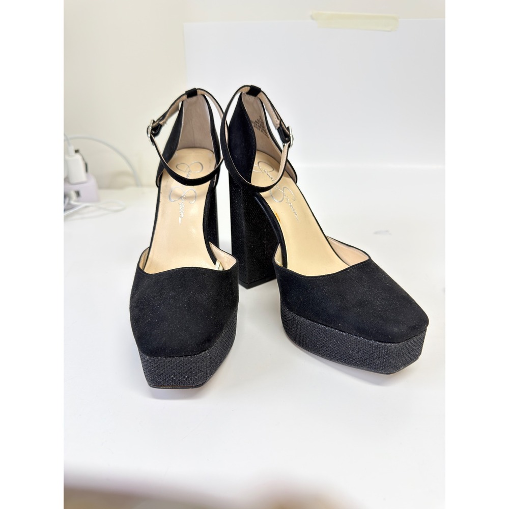 Jessica Simpson Katima Platform Pump Women 7.5 Black Ankle Strap Square Toe